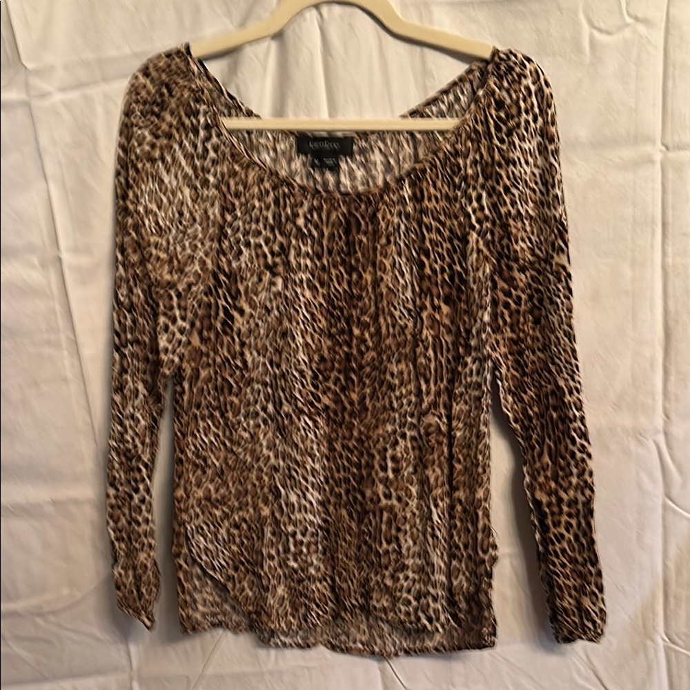 Karen Kane Brown and Tan Pleated Long Sleeve Blouse